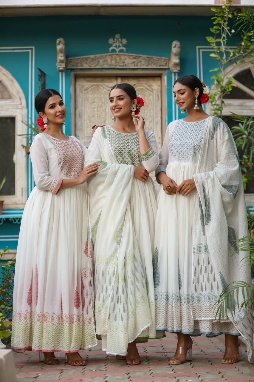 Solid Color Cotton Gown in White in 2024 | Cotton gowns, Plain white dress,  Indo western dress